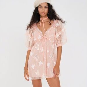 For Love & Lemons Share Butterfly Pink Sequin Puff Sleeve Slip Mini Dress NWT